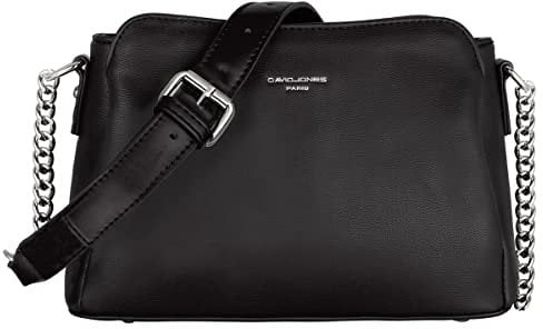 DAVID JONES - Petit Sac Bandoulière Femme - Sac à Main Chaîne Porté Epaule - 3 Poches Besace Sacoche Messenger Téléphone Cuir PU - Pochette Fourre-Tout Ville Voyage Shopping Mode Chic, Noir, Taille,