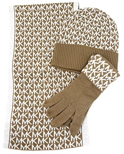 Michael Kors Women's Circle Logo Scarf, Hat, Glove Set, Camel/Cream