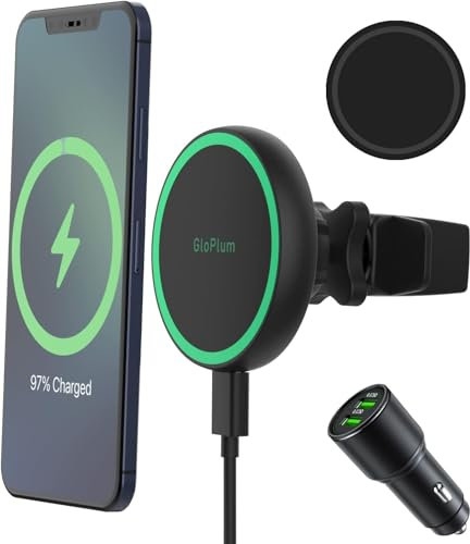 Gloplum Kompatibel 15W Ladegerät Magsafe, Kabelloses Magnet Auto Handyhalter mit 20W Auto Ladegerät, Wireless Car Charger für iPhone 15/ iPhone 14/iPhone 13 Serie(Schwarz)
