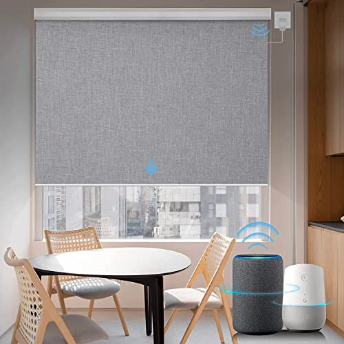 Graywind Customised Smart Blackout Roller Blinds Compatible with Alexa Google, Thermal Insulated Wifi Hardwired Electric Blinds with Remote, Triple Weaved Fabric Motorised Window Shades, Light Grey