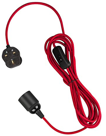 Teynewer Pendant Light Ceiling Lighting Fitting, E27 Lamp Holder with Switch Suspended Pendant Light Fitting Kit, 2 Core Textile Cable UK Plug (Red, 2m)