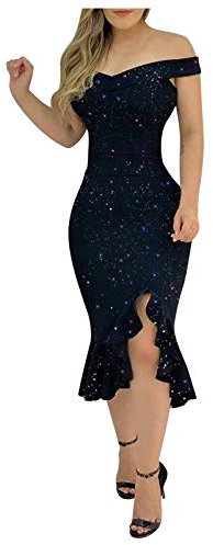 BOTCAM Vestido de noche largo y elegante para boda, mujer, monocolor, sin hombros, con abertura lateral, maxi vestido de fiesta para mujer, sexy, brillante, hasta la rodilla, vestido de novia de