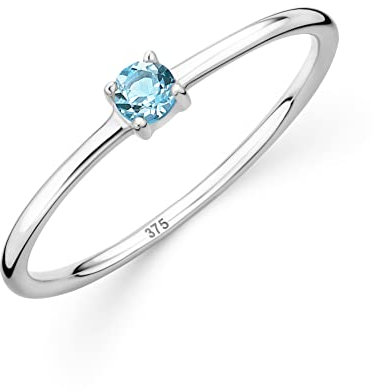 OROVI Damen Goldschmuck, Verlobungsring mit Topas, Gold Ring mit Solitaire Edelstein Geburtsstein Schweizer Blautopas, 9 Karat (375) Weißgold