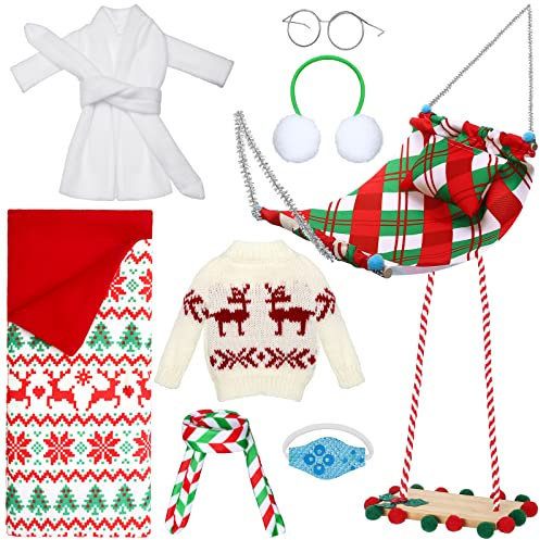9 Pcs Christmas Elf Doll Accessories Set Includes Christmas Sleeping Bag White Bathrobe Mask Ear Muffs Scarf Glasses Hammock Pillow Sweater Wooden Swing for Christmas Elf Doll Decorations (Elk)