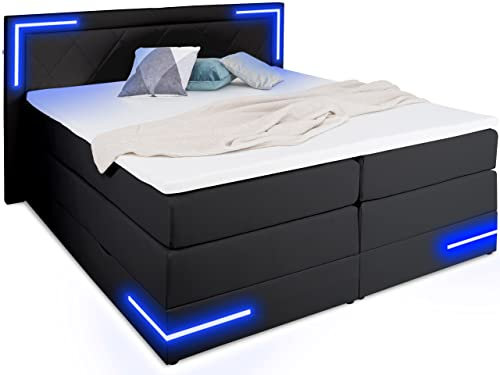 wonello Boxspringbett 160x200 mit Bettkasten und LED-Beleuchtung - gemütliches Bett mit LED Beleuchtung - Stauraumbett 160 x 200 cm mit Matratze und Topper - schwarz Kunstleder