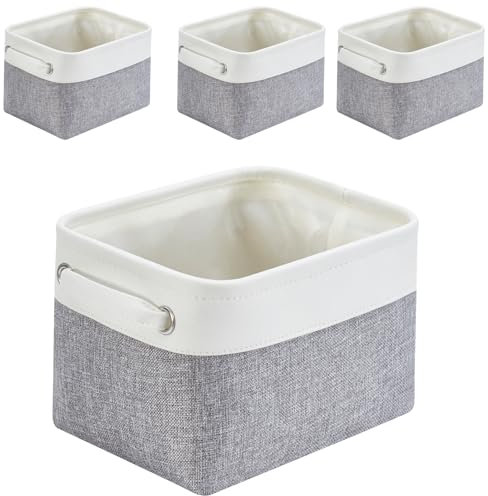Mangata Small Canvas Storage Box, Fabric Storage Basket 4Pcs with Handles for Cupboards, Shelves, Clothes, Toys (Foldable, Grey White)