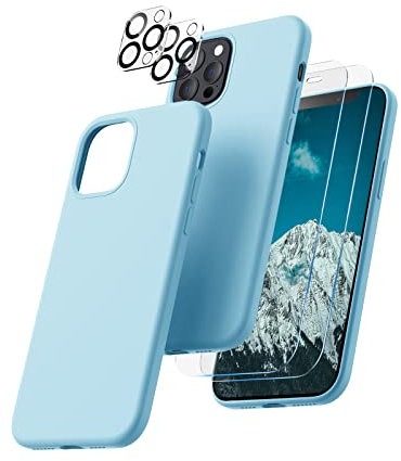CALOOP 5 in 1 for iPhone 12 Pro Max Case 6.7,Liquid Silicone Case with 2 Pack Tempered Screen Protector + 2 Pack Camera Lens Protector,Slim Shockproof Phone Case with Microfiber Lining,Sky Blue