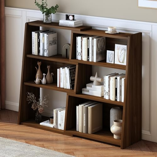 IOTXY Wooden Ladder Shelf Bookcase - 3-Tier Width-Adjustable Short Bookshelf, 6 Cubes Display Storage Organizer Rack, for Home Office, Living Room, Kitchen, Bedroom, Dark Walnut