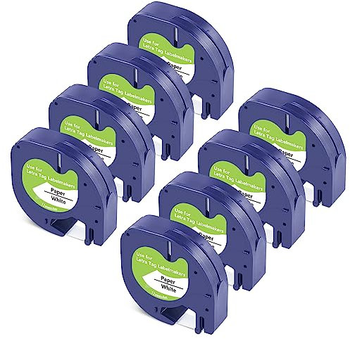Meritom Kompatibel für Dymo Letratag Papier Weiß Etikettenband, Schwarz auf Weiß Schriftband 91220 91200, für Dymo Letratag XR LT-200B LT100h LT100T LT110T Beschriftungsgerät, 12mm x 4m, 8er Pack
