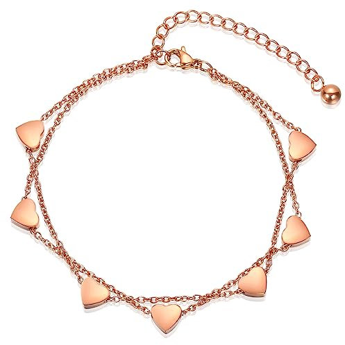 Fußkettchen,Herzen Fussketten für Frauen,Damen fußkette,Rosegold Fußkette Damen,Edelstahl Fußkettchen für Damen,Edelstahl Love Armband Damen,Herzen Armband,Love Armbänder Geschenk für Frauen,9.5in+2in