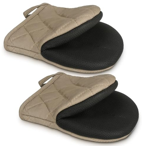 1 Pair Short Oven Mitts - Silicone Kitchen Oven Gloves High Heat Resistant 500℉, Mini Oven Mits with Non-Slip Grip Surfaces and Hanging Loop for BBQ, Baking, Cooking and Grilling (Coffee)