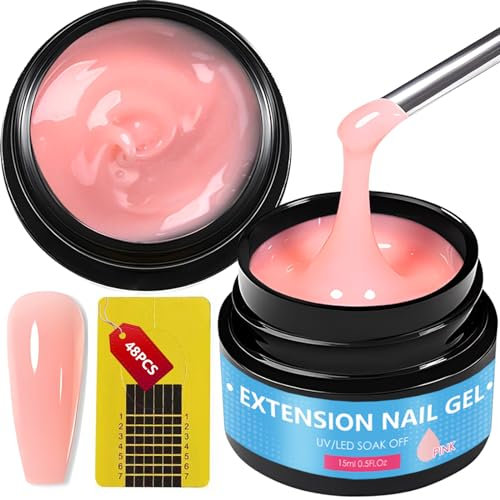 2 Pezzi 15ml Gel Ricostruzione Unghie, Builder Nails Gel Ricostruzione Unghie, Adatto per Refill e Allungamento per Principianti e Professionisti, Con 48 Pezzi Cartine Extension Model (Rosa)
