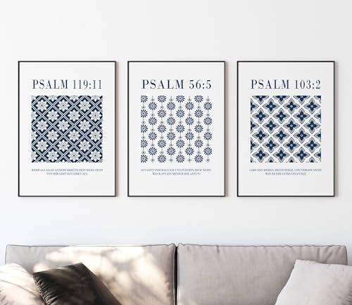 timalo SALT-AND-LIGHT® Christliche Wandbilder Bibelverse Deutsch Poster 3 Stück im 3er Set Wanddeko Wohnzimmer Deko Schlafzimmer | Psalmen blaue Muster | A3