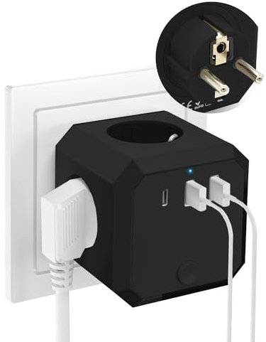 Murale Multiprise Prise Cube, 7 en 1 Multiprise Cube avec 4 Sorties AC, 2 Ports USB et 1 Type C, 4000W Power Prise USB avec Interrupteur, pour la Maison, Le Bureau, Les Voyages, Noir