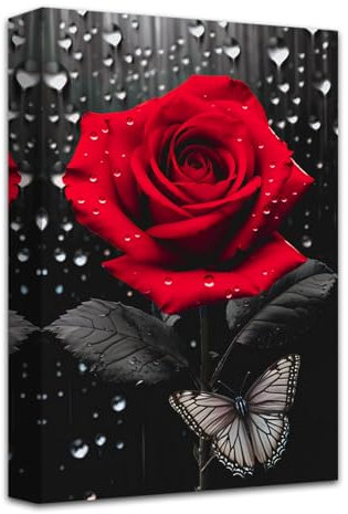 LZIMU Rosen Leinwandbild Badezimmer Dekoration Schwarz Weiß Rot Blumenmuster mit Schmetterlings Kunstdrucken abstraktes Rosenblumen Bild (A, 60.00 x 90.00 cms)