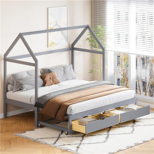 Tcewhhy Ausziehbares Kinderbett Mit Schubladen Und Lattenrost Schlafsofa 90/180 X 190 cm Jugendbett Für Kinder Jugendliche Bett Aus Kiefernholz Mit Stauraum Gästebett Grau