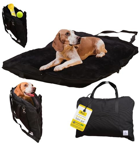 Wanderpfote Hundebett für Unterwegs – hochwertiges Orthopädisches Hundebett – praktische Tragetasche für Gepäck oder Tragehilfe Hund – Hundematte OekoTex und GSR Zertifiziert (Schwarz, M)