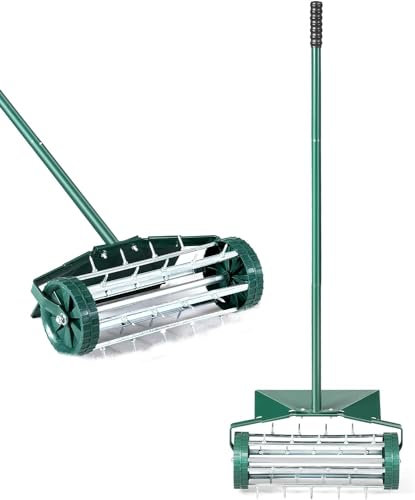 COSTWAY Rasenlüfter Walze, Rasenrolle mit Stiel & 3cm Nägeln & Spritzschutz, Handvertikutierer rollend, Rasenbelüfter manuell, Vertikutierer Rasenwalze für Garten Hof Rasen, 46 x 23 x 127 cm, Grün