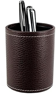 DELMON VARONE - Stifteköcher aus Soft Grain Leder braun - Echtleder Stiftebecher mit PU Innenverkleidung und rutschfester Vliesunterseite - Eleganter Stiftehalter rund für Schreibtisch & Büro