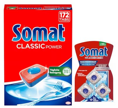 SOMAT Tabs 172 AW Classic Power, Geschirrspül Tabs mit Fettlösekraft für kraftvolle Reinigung, für strahlend sauberes Geschirr + Somat Duo Power Experten 3 AW Maschinenreiniger 57g