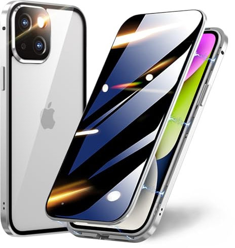 TOPF&B Case for iPhone 14 Plus Privacy Magnetic Cover,Privacy Screen Protector Built-in Tempered Glass and Camera Protector,360 Degree Metal Bumper Case for iPhone 14 Plus,Silver