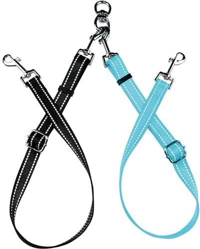 ASOCEA Doppelte Hundeleine Verwicklungsfreier Doppel-Hundeleinen-Koppler Kein Verheddern 360° Drehbare Reflektierende Kabelbefestigung für Kleine Mittelgroße und Große Hunde Welpen（Schwarz+Blau）