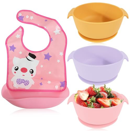 Bluet B Baby - Set de 3 Bol Antivuelco Con Ventosa - Tazones de Comida Antideslizante de Silicona - Incluye Babero Adicional - Plato Ventosa BLW - Set de Silicona (Rosa)