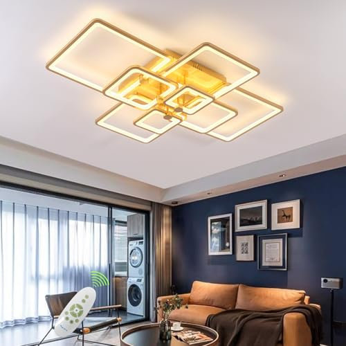 SITAFU Modern Deckenlampe LED Deckenleuchte Dimmbar Gold mit Fernbedienung L140cm 120W 8 Rechteckige Led Deckenleuchte Wohnzimmer Lampe Decke Schlafzimmerlampe