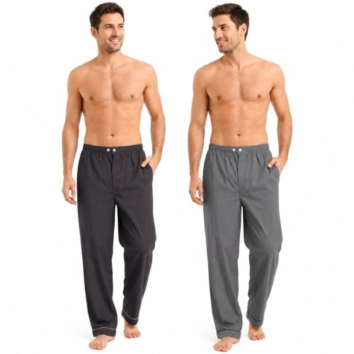 Keanu Herren-Pyjamahose, gewebt, Popeline, Taschen und Paspeln, gerades Bein, Loungewear, atmungsaktives Material, Blau/Marineblau und Grau/Anthrazit, Größen S bis 2XL, 2 Stück, Anthrazit und Grau, S