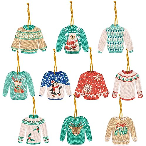 10 Pcs Sweater Diamond Art Christmas Tags Hanging Ornaments DIY Kit 5D Mini Diamond Art Painting Christmas Tree Hanging Decorations Special Shaped Crystal Paint by Number Home Christmas Hanging Decor