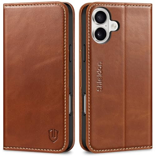 SHIELDON Flip Case for iPhone 16 Plus 5G 6.7, Genuine Leather Wallet with Card Holder [Kickstand][RFID Blocking] Magnetic Shockproof Folio Phone Case Compatible with iPhone 16 Plus 2024 - Retro Brown