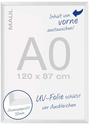 MAUL Klapprahmen MAULsolid A0 | Großer Bilderrahmen für Poster, Werbemittel & Fotos | Robuster Bilderrahmen A0 mit 32mm Aluminiumprofil | Posterrahmen in Hochformat | Silber