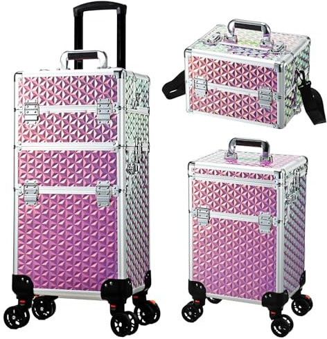 Yueieoun Professional 3 in 1 Rolling Makeup Case Cosmetic Train Case on Wheels Large Capacity Makeup Trolley Salon Barber Traveling Trunk, Blazing Pink, Practical 3 in 1, Professional