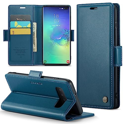 Rerzoiro Handyhülle für Samsung Galaxy S10 Plus Hülle, Premium PU Leder Klapphülle RFID Schutzhülle Magnet Kartenfach Standfunktion Flip Wallet Tasche Case Kompatibel Samsung S10 Plus, Blau