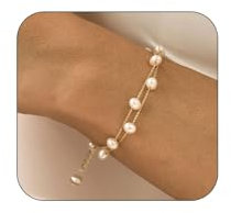 GlamRays Pulsera de Perlas Chapada en Oro de 14 Quilates para Mujer, Cadena de Corazón Delicada, L, Latón