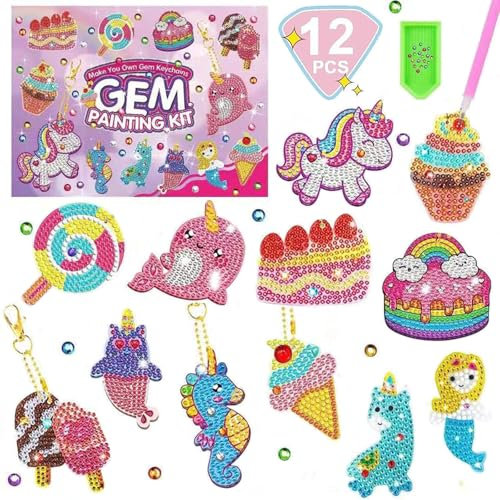 Afufu Cadeau Filles 5-12 Ans, 5D Diamond Painting Enfant Jeux Activités Manuelles pour Enfants, Loisir Créatifs Fille Porte-clés Jouet Peinture Diamant, Bricolage Kit Licorne Cadeau de Anniversaire