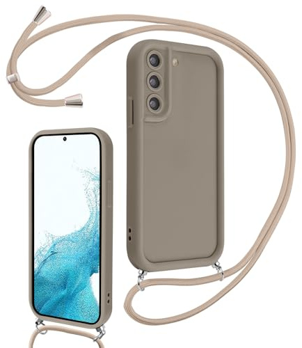 Coalbooliy Coque pour Samsung Galaxy S22 5G 6,1 avec Cordon de Collier Réglable, Etui Protection de la Caméra Silicone Souple TPU Antichoc Housse avec Corde Lanyard Cover pour Femmes Filles, Kaki