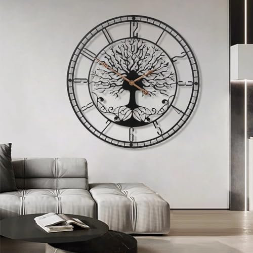 Large Tree of Life Clock Metal Wall Clock Home Decor Living Room Wall Art with Large Numbers Silent Movement Mid-Century Clock Modern Family / 24 Inch