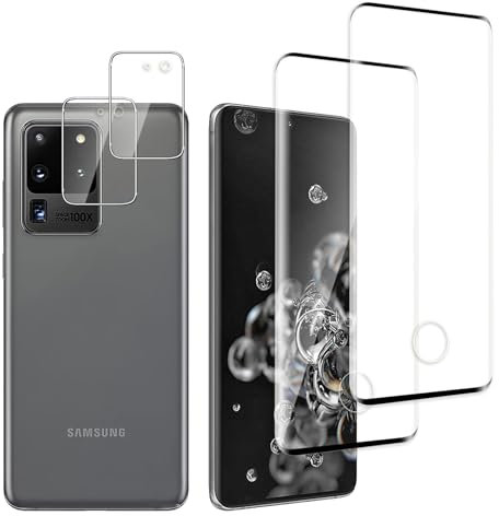 QZJinch Lot de 4, 2 x Verre Trempé pour Samsung Galaxy S20 Ultra lite et 2 x Protection Caméra Arrière,3D Incurvé Couverture Complète,HD Transparent,Dureté 9H,Compatible avec Samsung Galaxy S20 Ultra