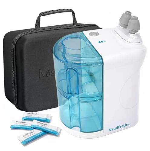 NASALFRESH MD Paquete Premium – Sistema de irrigación nasal con doble alimentación – Sistema de alivio descongestionante sinusal – 60 sobres de solución salina, estuche, 2 juegos de almohadillas