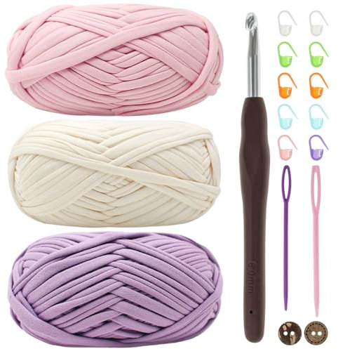 T-Shirt Garn, Bändchengarn zum Häkeln und Stricken Textilgarn 3 x 100g Dickes Polyester-Garn mit einer 6mm-Häkelnadel für Häkeltaschen, Körbe, Teppiche, Heimdekoration und DIY-Kunsthandwerk