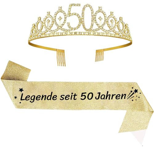 2er Set 50. Geburtstag Schärpe und Tiara Gold Geburtstag Schärpe Geburtstag Krone 50 Geburtstagskrone Prinzessin Kristall Krone Schärpe für Frauen 50. Geburtstag Geschenke Partyzubehör