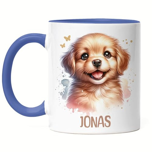 Kiddle-Design Kindertasse mit Namen Personalisiert, Personalisierte Tasse Kinder mit Hund, Namenstasse Hundetasse, Kinderbecher als Geschenk zur Taufe, Geburt Weihnachten - Tasse Blau