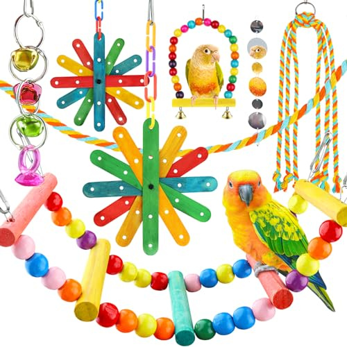 QUOZUO 8 pcs Bird Toys for Parakeets with Colorful Ladder Hammock Bird Cage Accessories Perch Stand Chewing Toys Hanging Bell Parrot