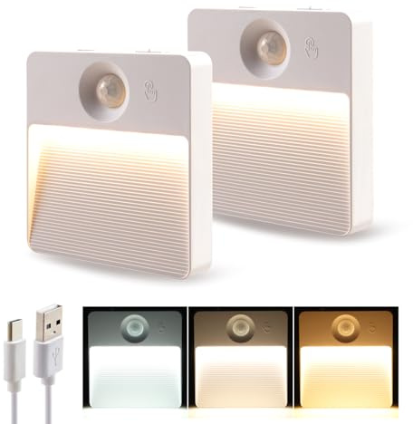 LED Nachtlicht mit Bewegungsmelder Innen (2 Stück), 750mAh Akku Wiederaufladbar USB-C, 3 Lichtfarben (3000K/4000K/6500K) & Dimmbar, Magnetische Schrankleuchte Kabellos für Flur, Treppe & Küche