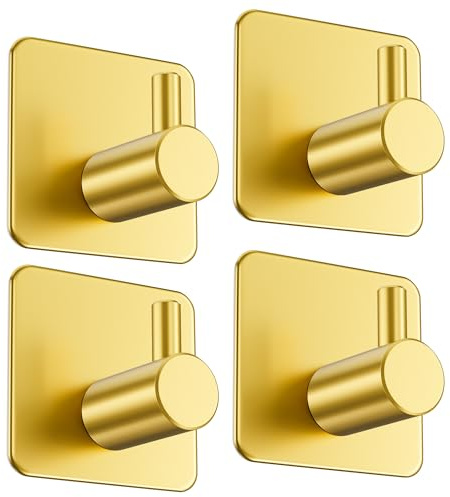 Aikzik 4 Self Adhesive Hooks, Extra Sticky and Strong, Stick on Hooks for Hanging up to 8KG, Coat Hooks on Wall or Door for Towel, Coat, Hat, Key - Gold