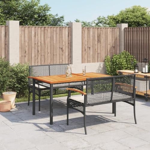 Ziaphsol 3-TLG. Garten-Essgruppe Schwarz aus Poly Rattan, Akazienholz-Tisch, 2 Bänke mit Cremeweißen Kissen, UV-beständig, für Terrasse & Garten