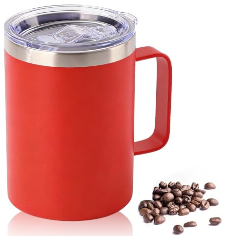 YueXing 16oz Black Insulated Coffee Mug with Handle, Leakproof Double Wall Stainless Steel Travel Mug with Sliding & Straw Lid, Dishwasher Safe for Camping Commuting Hot Cold Drinks (Red)
