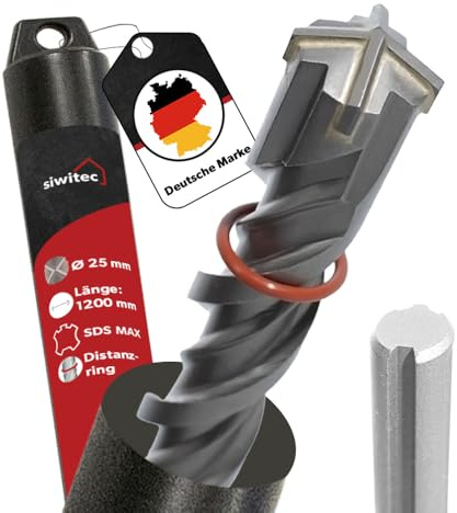siwitec SDS Max Bohrer 25 x 1200 mm, SDS Bohrer für Stahlbeton, Stein und Beton, Steinbohrer inkl. Distanzring, Betonbohrer mit 4-Schneiden Geometrie und Doppelwendel