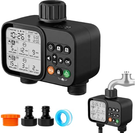 PORFOYO Ordenador de riego de 2 salidas, ordenador de riego con 2 salidas, reloj de riego de jardín con control de riego, retardo de lluvia, temporizador automático, temporizador de riego para jardín